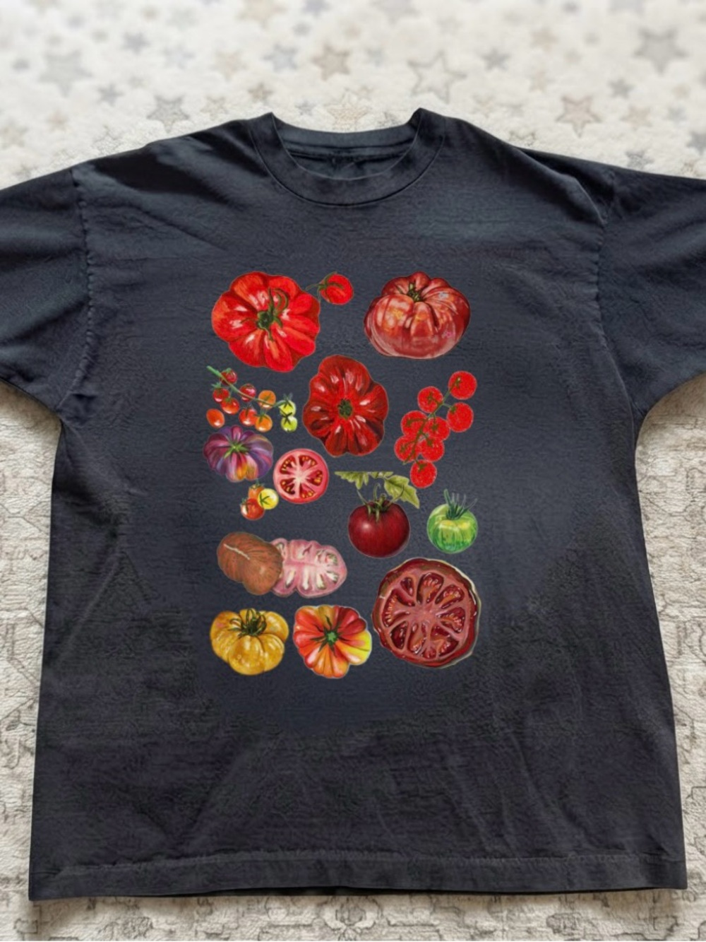 Black T-Shirt with Colorful Heirloom Tomato Graphic